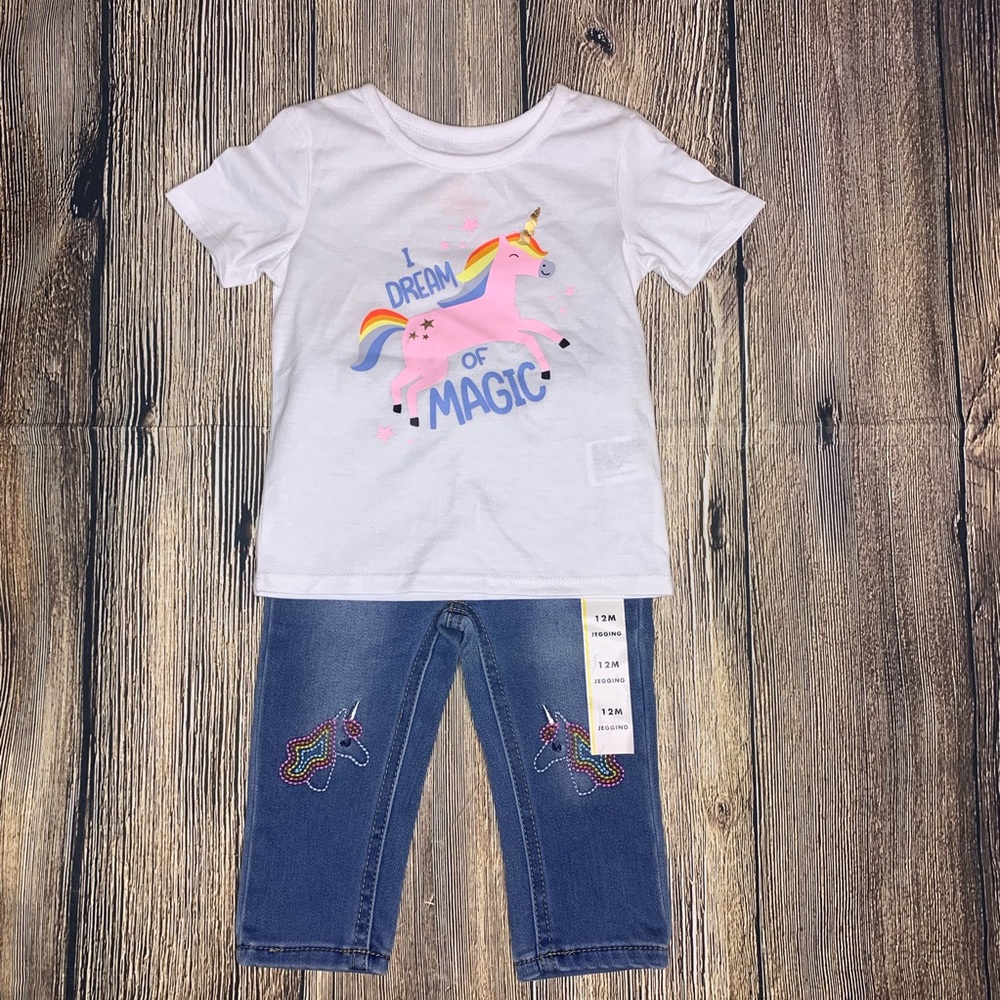 Cat & Jack Girls Unicorn Top & Jeans 12 Month